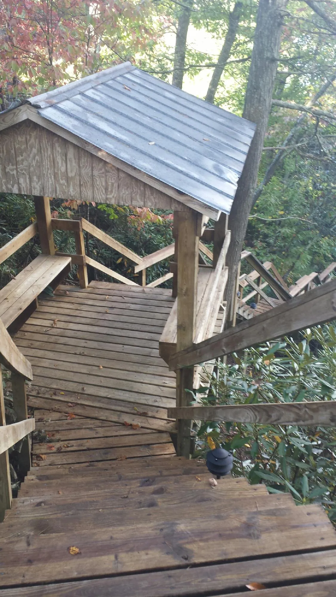 Metal roofed shelter over wooden steps on a wooded walkway — Skylight Repair & Installation work by our crew in Mill City